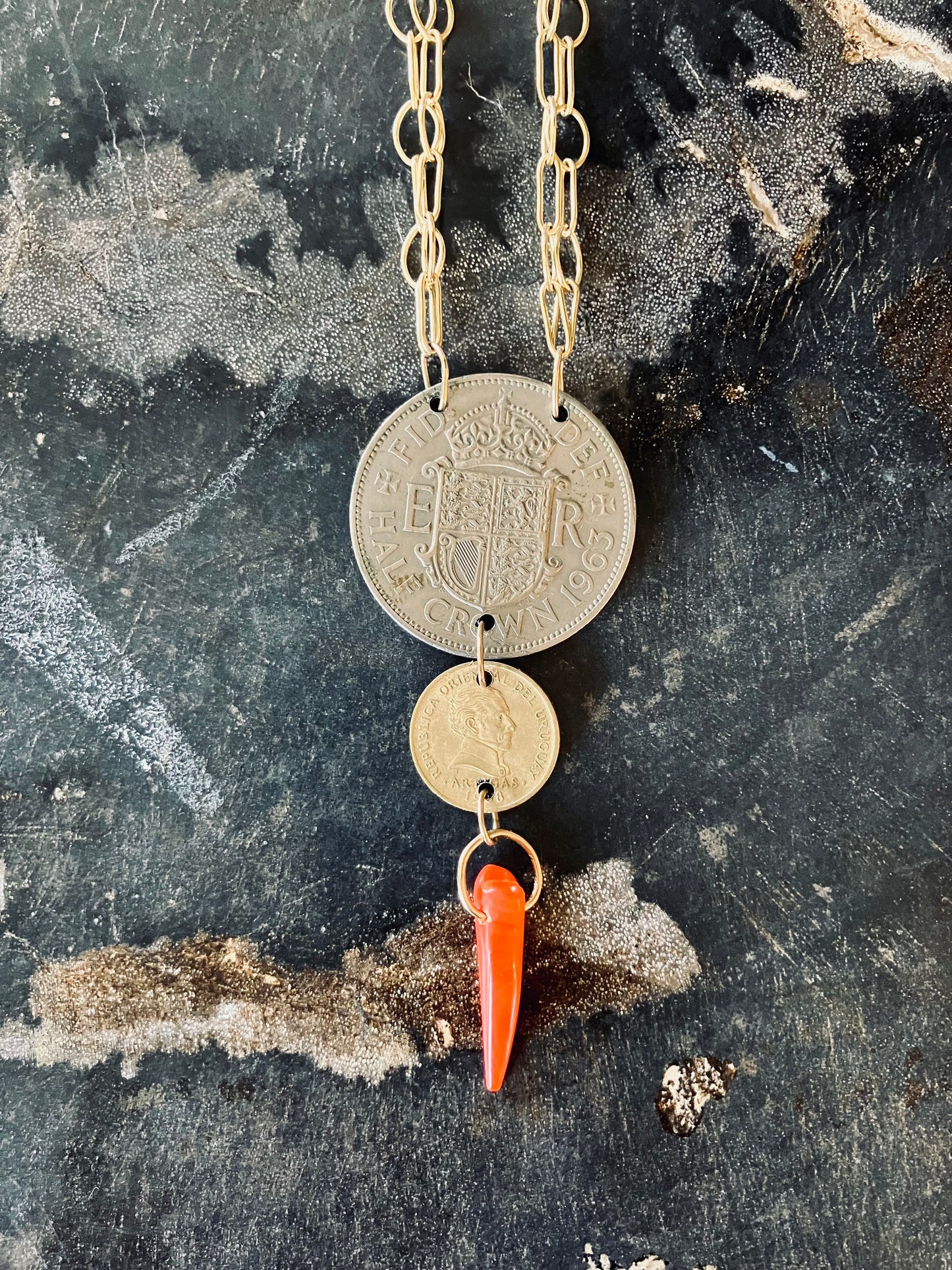 1963 United Kingdom & 1968 Uruguay Double Coin Necklace with coral