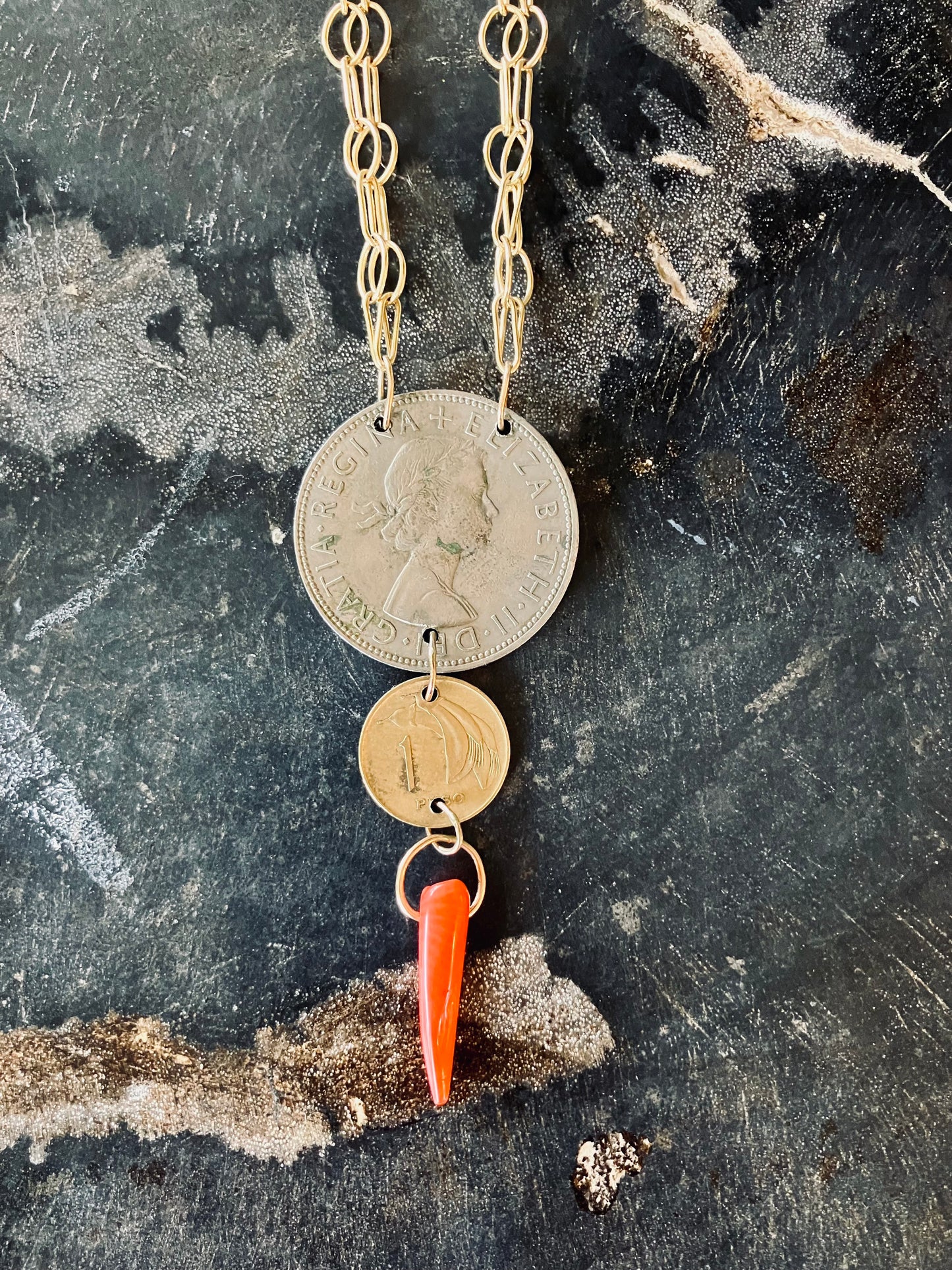 1963 United Kingdom & 1968 Uruguay Double Coin Necklace with coral