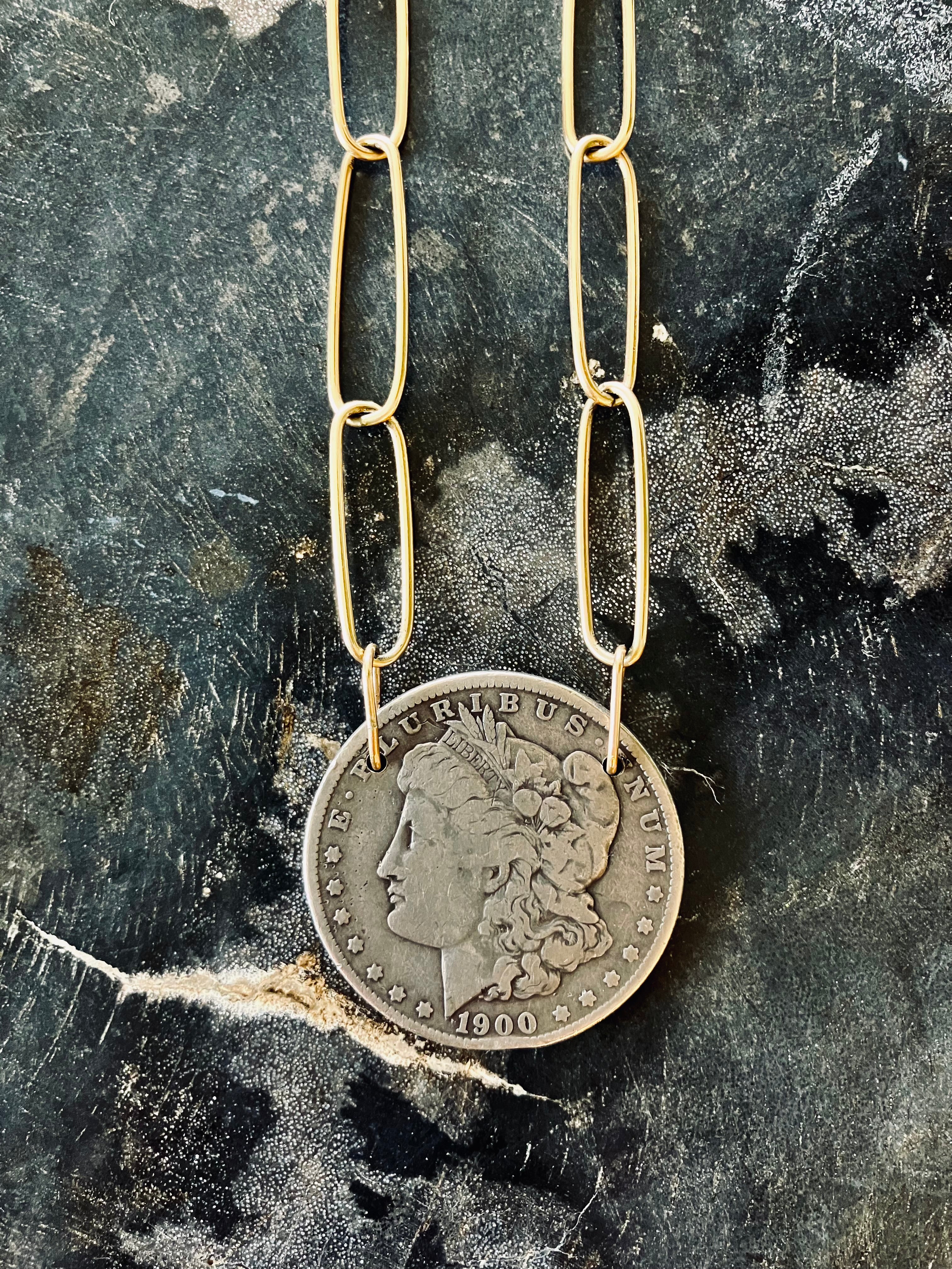 Lot - 1881 Morgan silver dollar gold filled over sterling pendant with 1/20  12K gold filled chain in original box 24